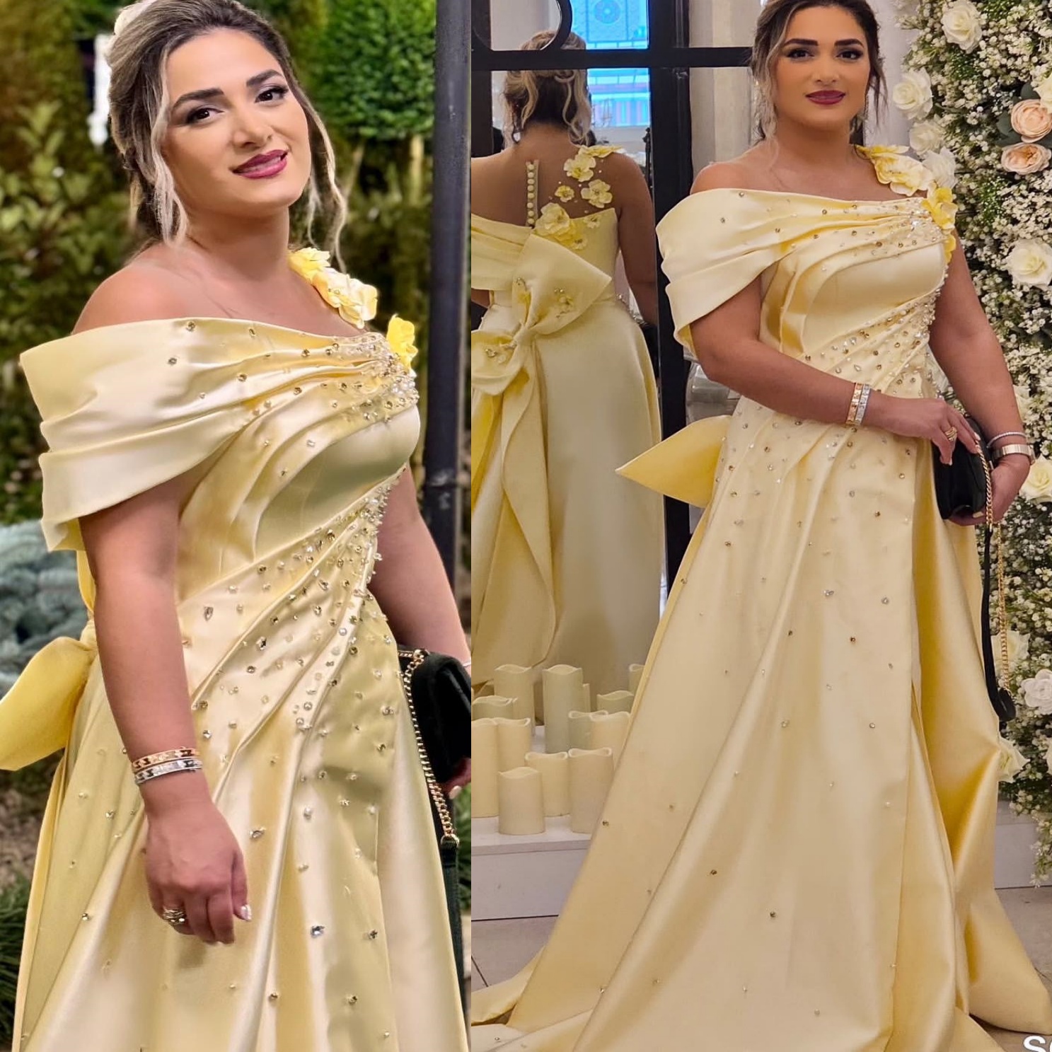 Light Yellow A-line Evening Dresses Flowers Crystals Beaded Satin Prom Formal Party Second Birthday Engagement Gowns Plus Size Dress For Special Occas