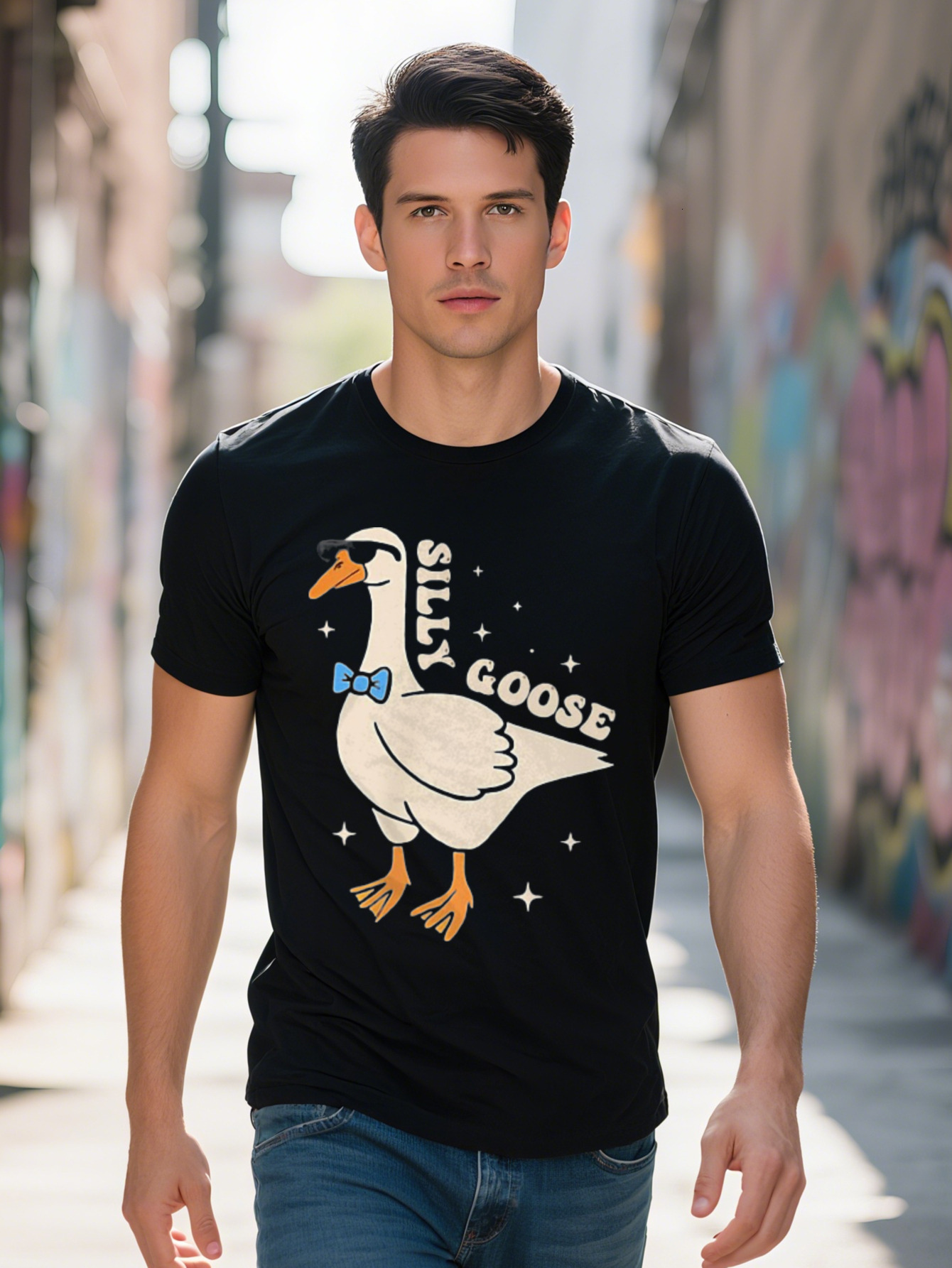 Silly Goose Graphic T Shirt Cotton Casual Crew Neck Short Sleeve Slight Stretch Knit Fabric Regular Fit with