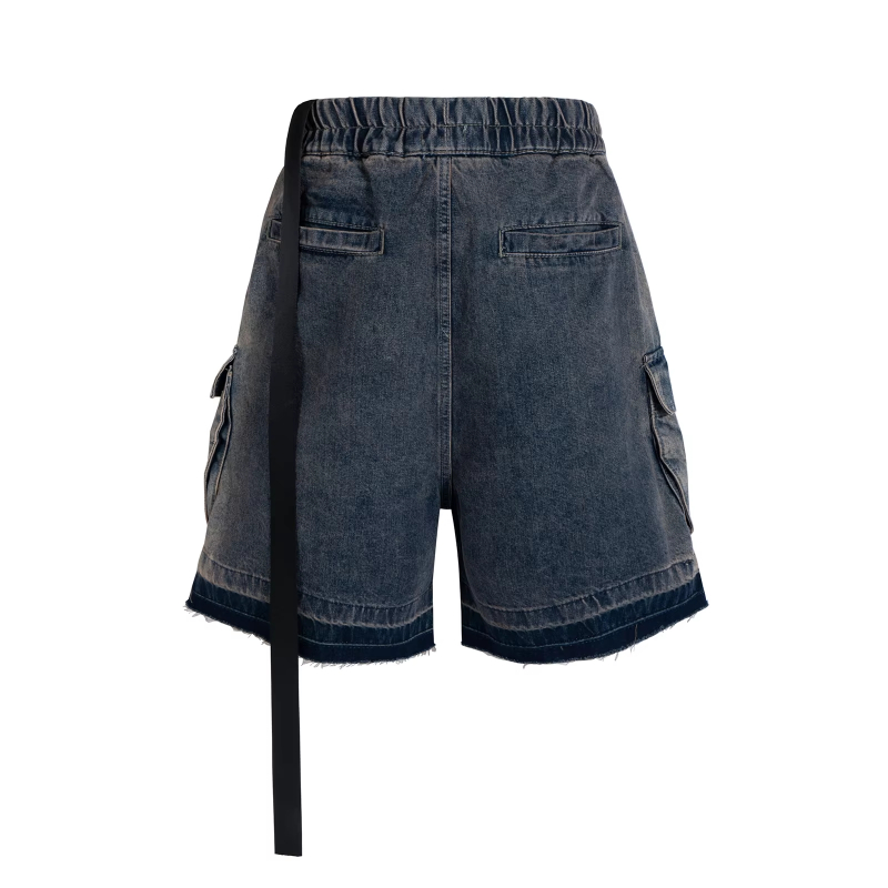 MIJKO Ro Style Ribbons Streetwear Multi-pockets Cargo Short for Men Elastic Waist Wide Leg Baggy Jeans Knee Length Pants Loose Overall