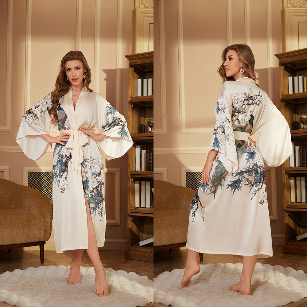 Outfits For Woman New Female Long Robe Nightgown Spring Summer Silk Satin Kimono Bathrobe Sleepwear Loose Silk Satin Home Dressing Gown Loungewear