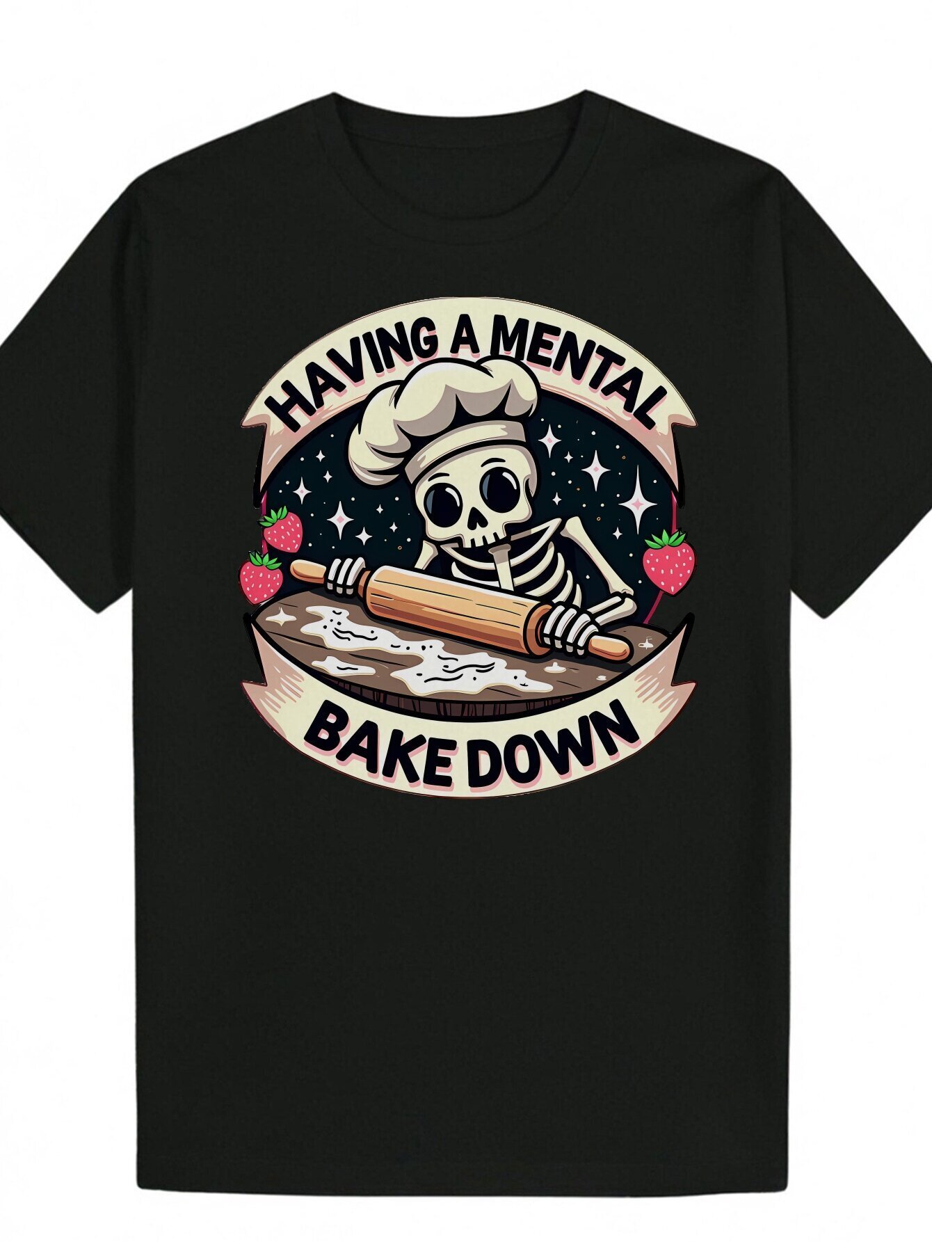 Men's Black Summer Casual T-Shirt - 'In Progress Psychological Baking' Skull Chef Pattern, Round Neck Polyester T-Shirt, Strawberry and