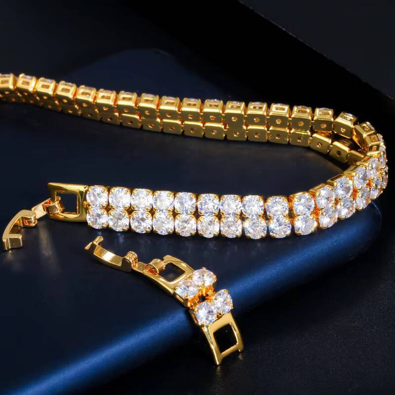 High Quality Dubai Gold 2 Row Iced Out Bling Round Cubic Zirconia Engagement Tennis Bracelet for Women Men Hiphop Bijoux Jewelry