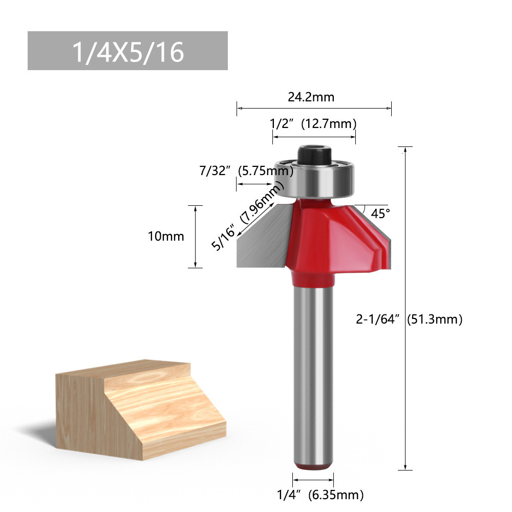 Red 45-Degree Bevel 1/4 6 Shank Half Round Relief Trimming hine Head Woodworking Milling Cutter