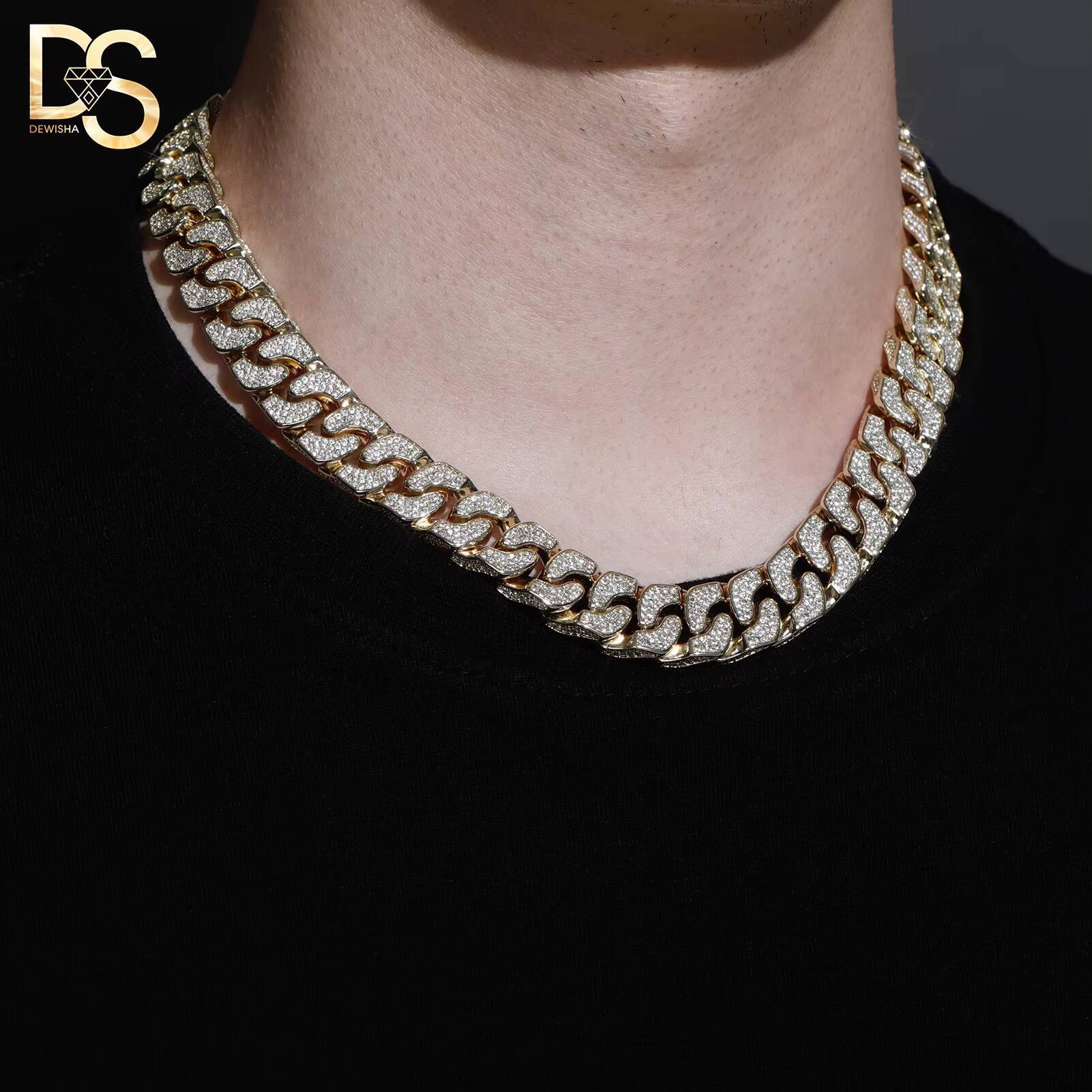 Wholesale14mm Width 14k Gold Plated Copper Zircon 3D Cuban Chain Hiphop Men Bracelet Necklace