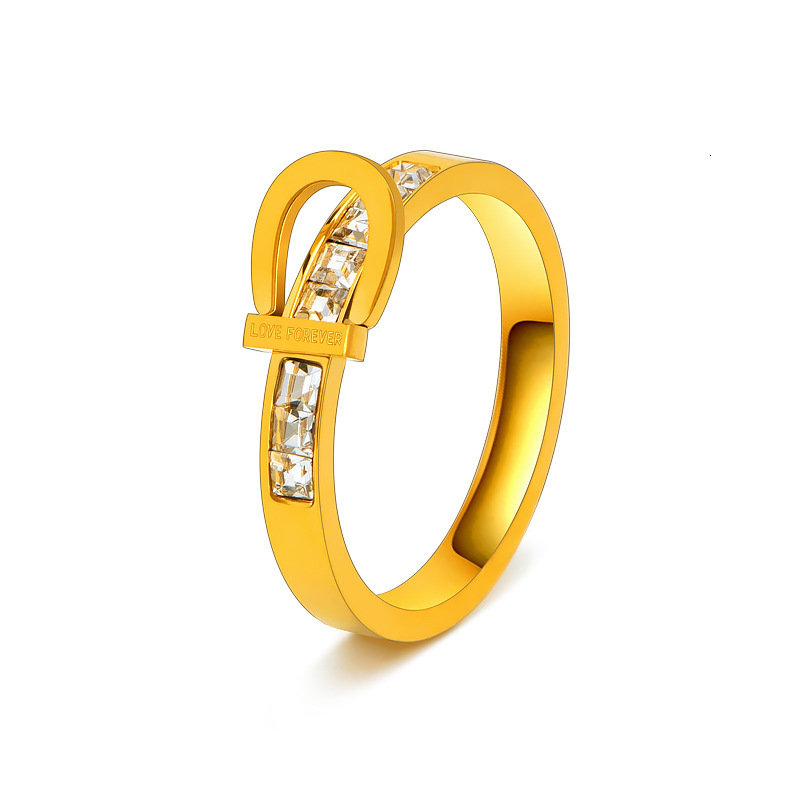 Rose Gold Tone Stainless Steel Open Band Ring with Diamond Embellishment, Preppy Style Korean Couple Engagement Ring