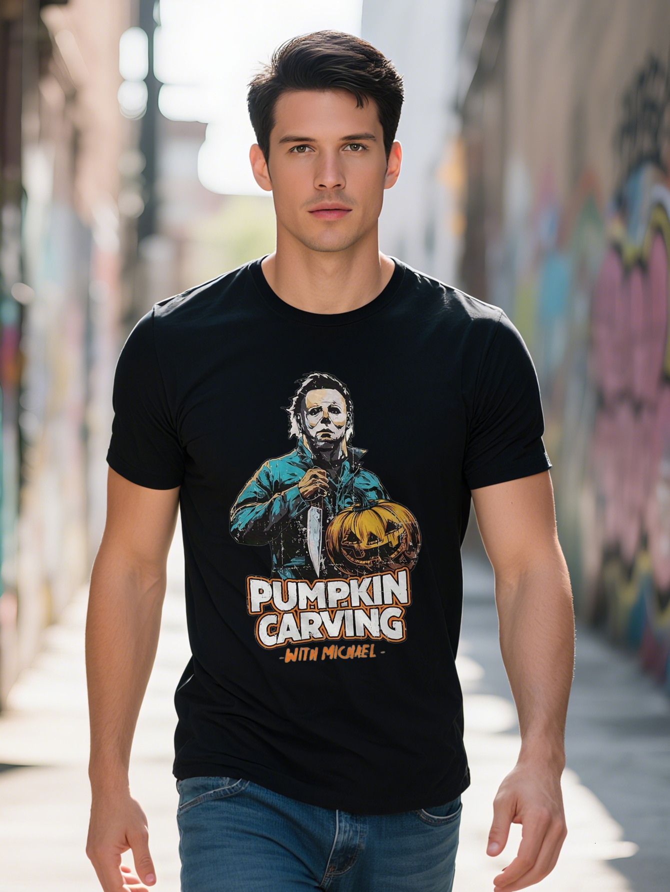 Halloween Horror Movie Short Sleeve Pumpkin Carving Men's T-shirt Costume Party Tee Shirt