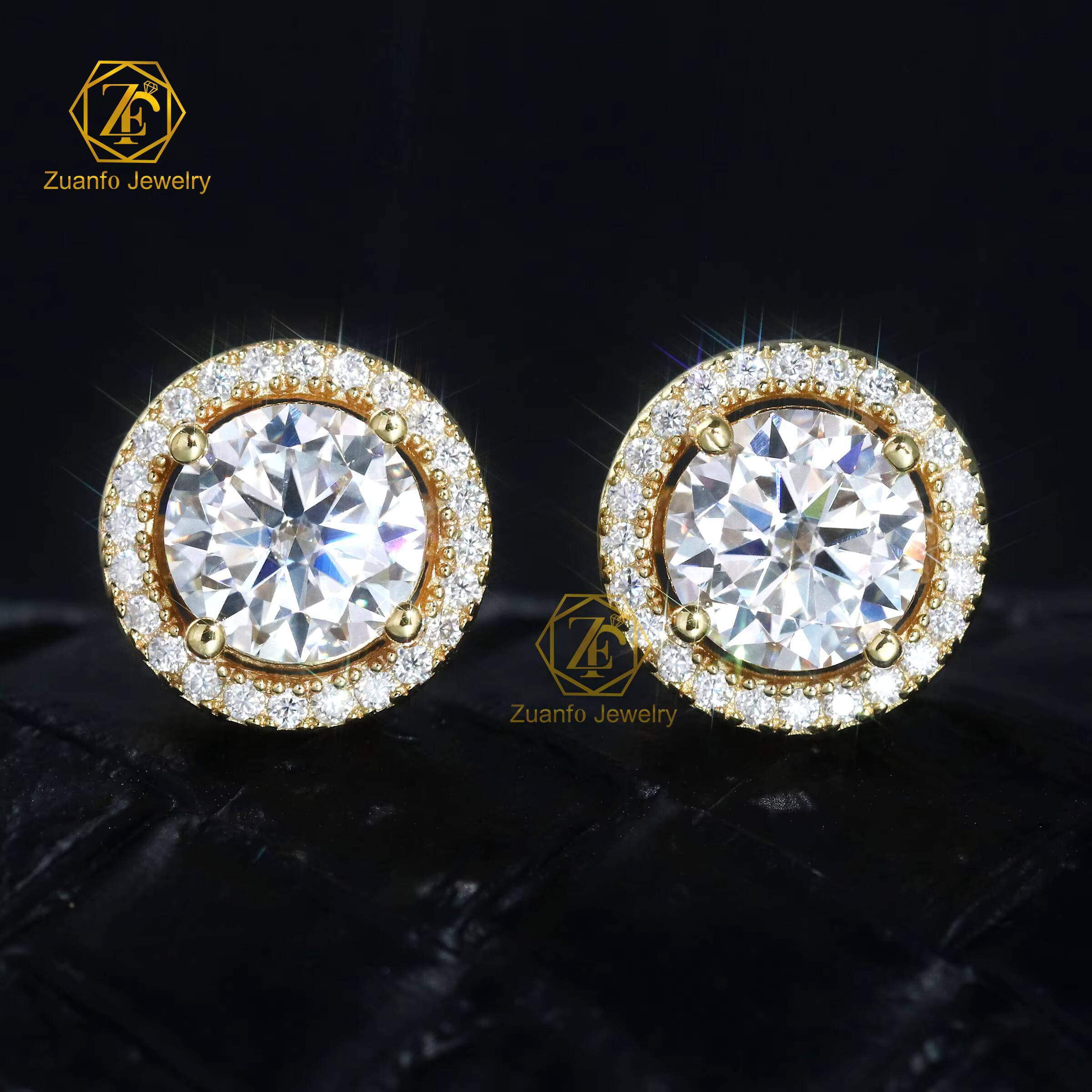 Factory Cheap Price Man Made 925 Sterling Silver 18K Gold Plated 65mm 1CT 2CT D VVS1 GRA Round Halo Moissanite Diamond Earrings