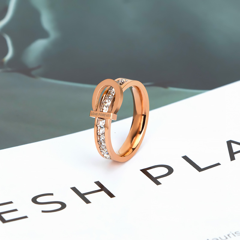 Rose Gold Tone Stainless Steel Open Band Ring with Diamond Embellishment, Preppy Style Korean Couple Engagement Ring
