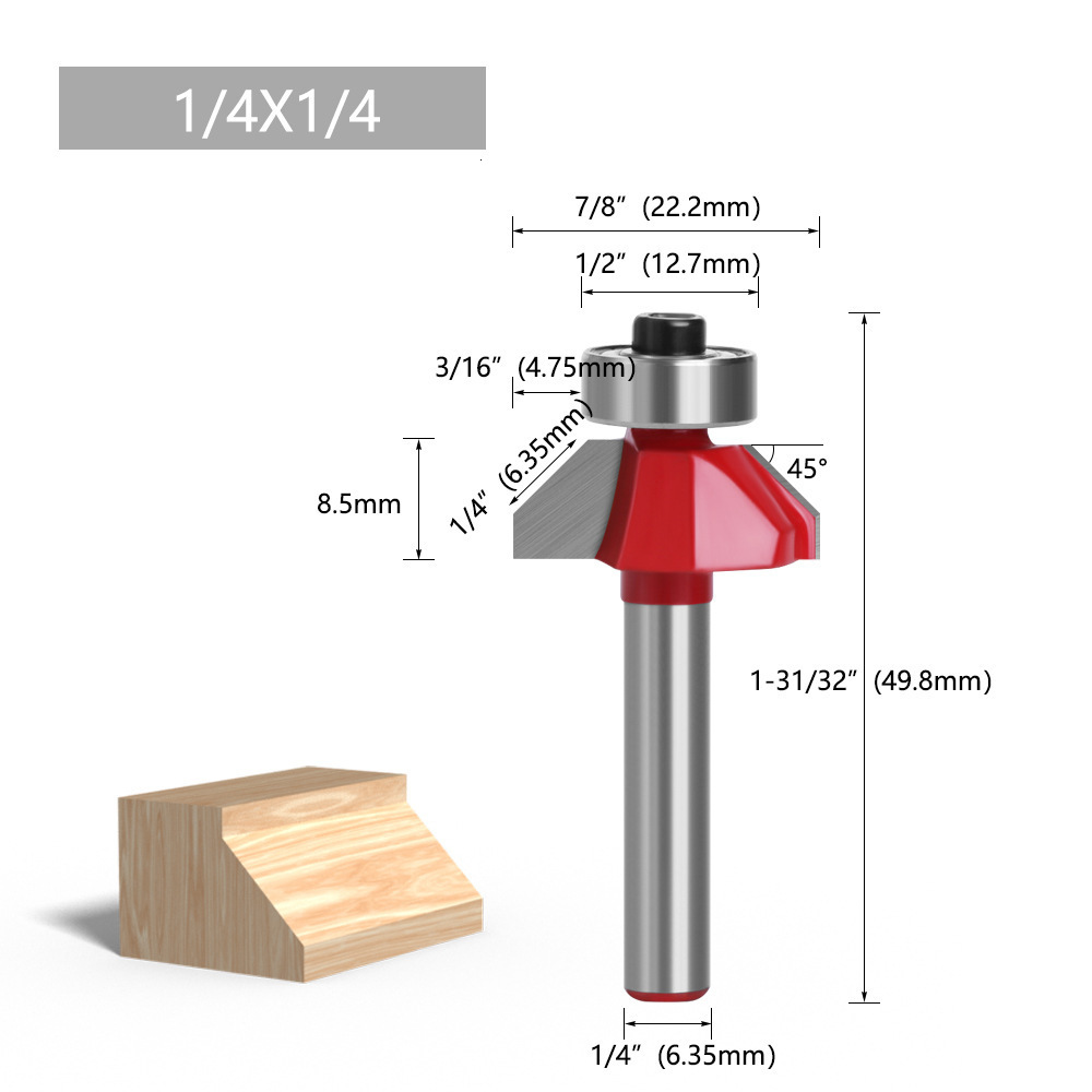 Red 45-Degree Bevel 1/4 6 Shank Half Round Relief Trimming hine Head Woodworking Milling Cutter