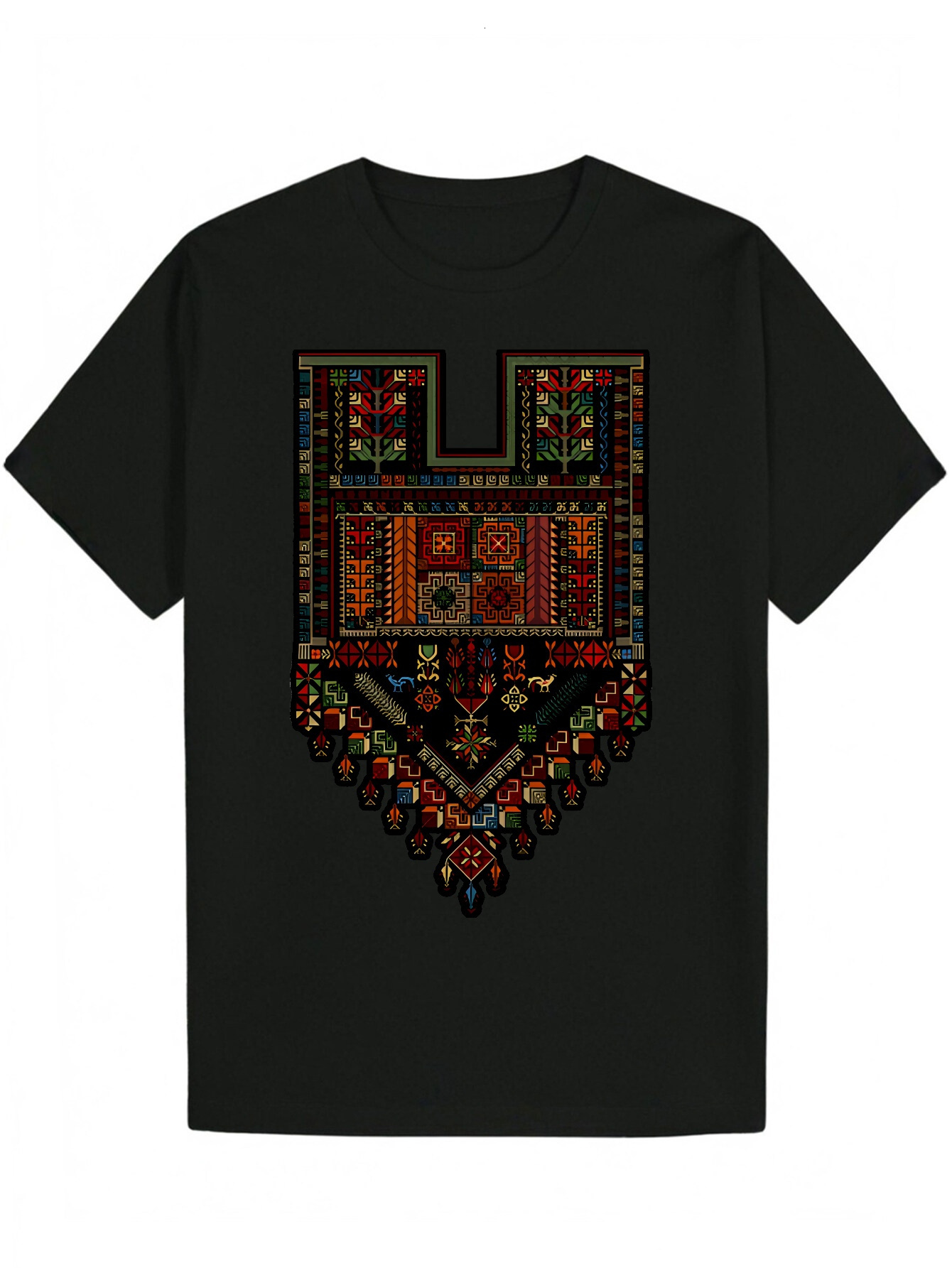 Men's Summer Ethnic Print T-Shirt - Dynamic Geometric Pattern, Breathable Polyester, Round Neck, Machine Washable, Suitable for Wear, Comfortable