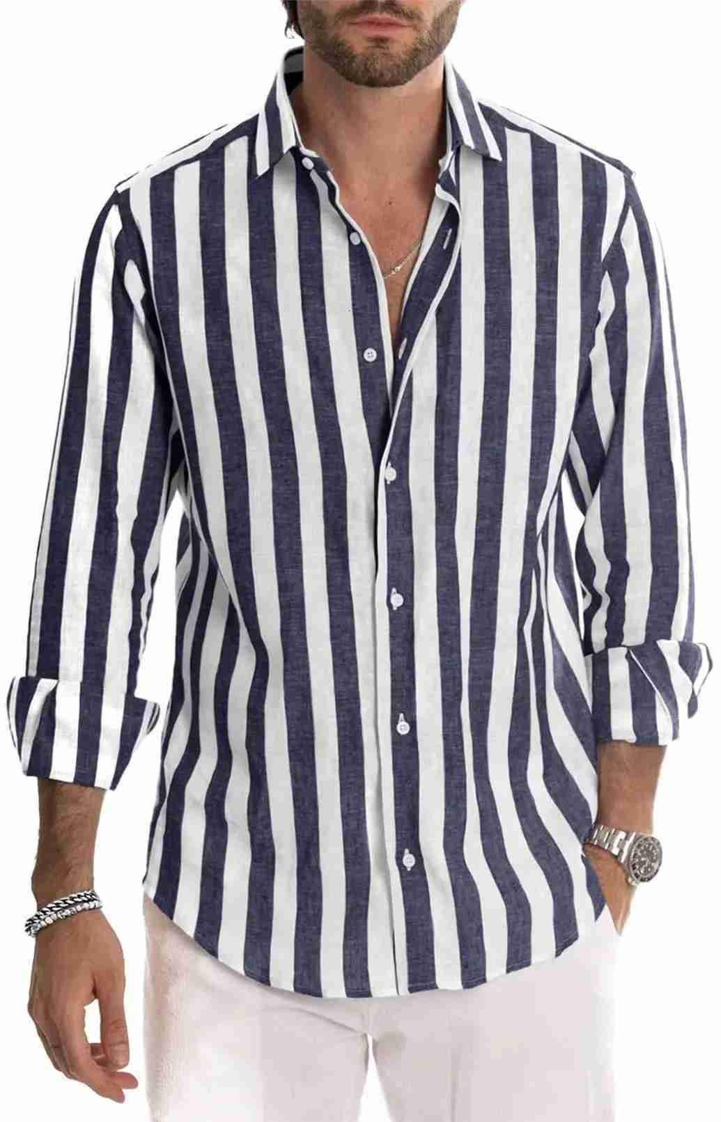 Mens Shirt Striped Long-sleeved Lapel Loose Top Fashionable Black Blue Street Basic Blouses for Male
