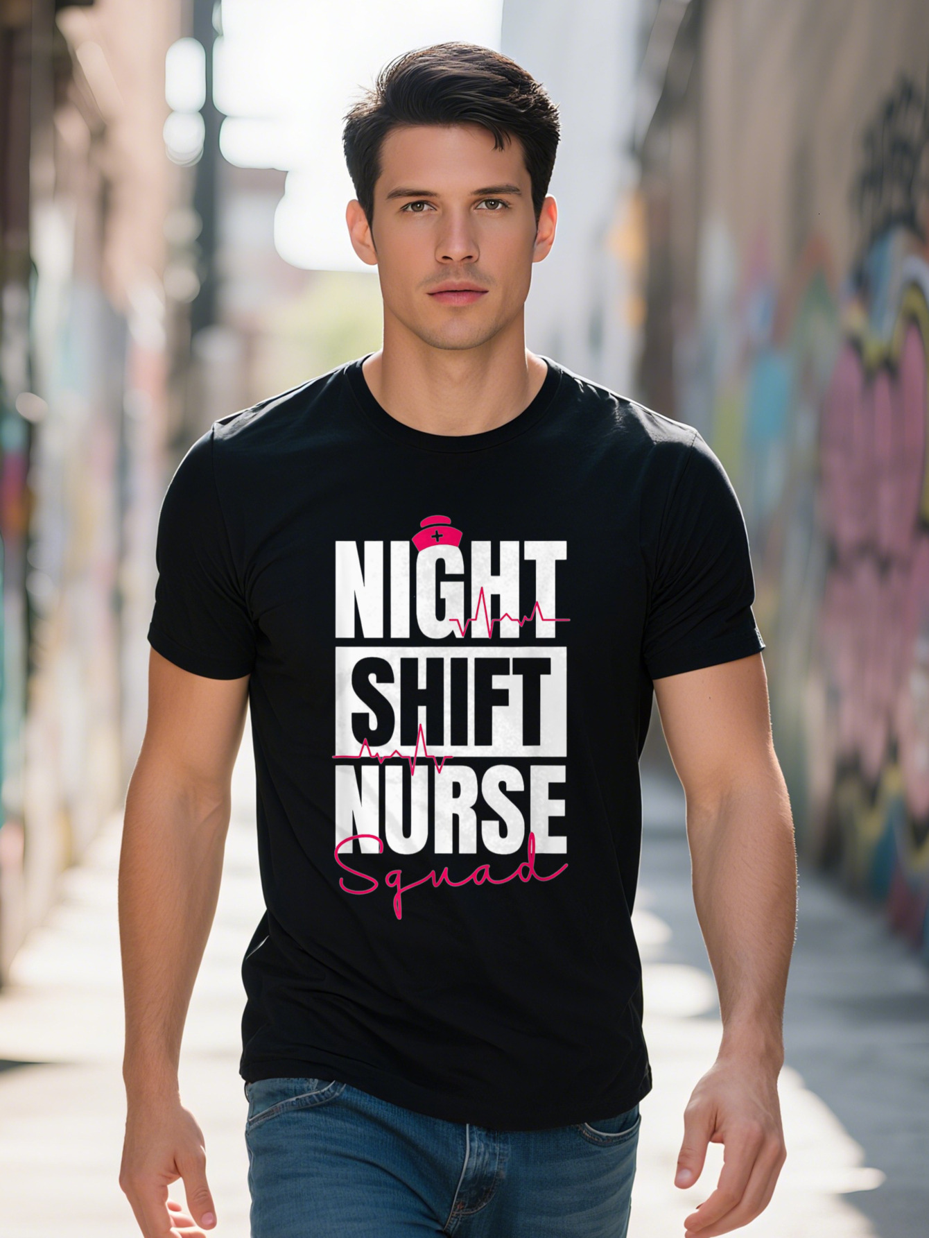 Night Shift Nurse Squad T-Shirt Cotton Crew Neck Short Sleeve Tee Casual All Season Pullover with Cartoon