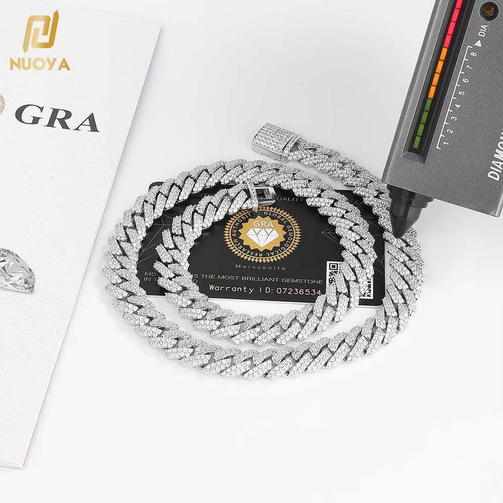 NUOYA Hiphop Hight Quality VVS Moissanite Prong Cuban Link Chain Necklace 12mm 925 Silver Cuban Chain Men Jewelry