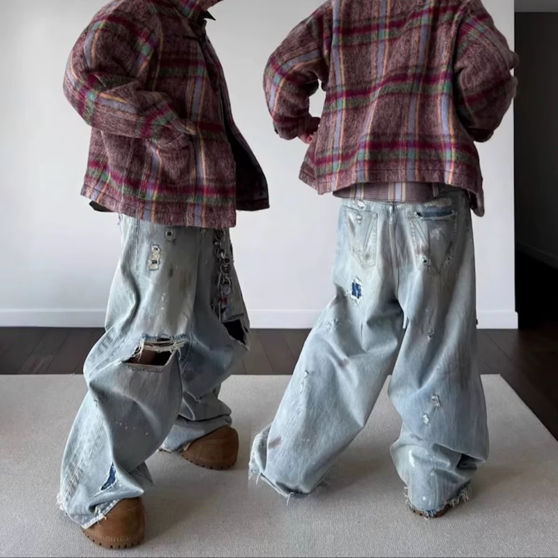 MIJKO Distressed Hole Ripped Mud Dyed Silhouette Baggy Jeans for Men Wide Leg Harajuku Loose Denim Trousers Oversized Casual Cargos