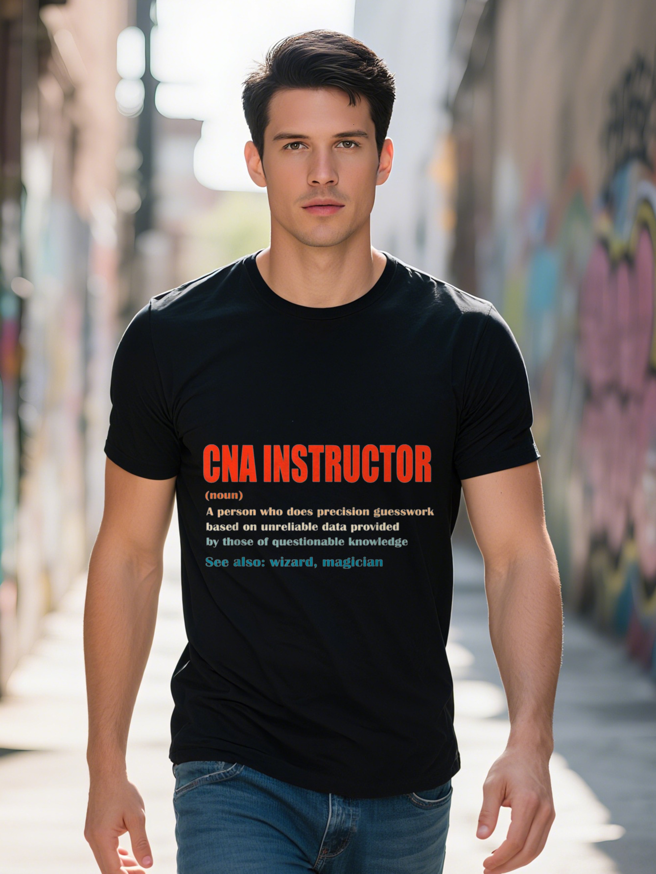 Men s g Cotton T Shirt Vintage CNA Instructor Definition Wizard Magician Graphic Tee Black with Red Blue