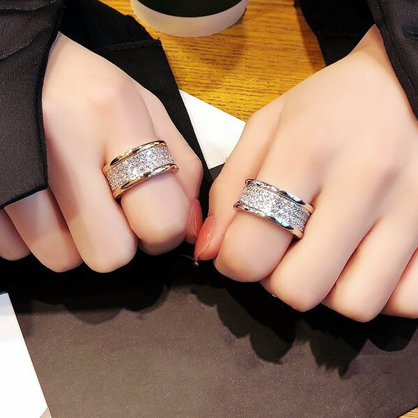 18K Rose Gold Plated Wedding Ring Set, Small Waist Pave Band with Full Round Diamonds, Preppy Style Engagement Jewelry