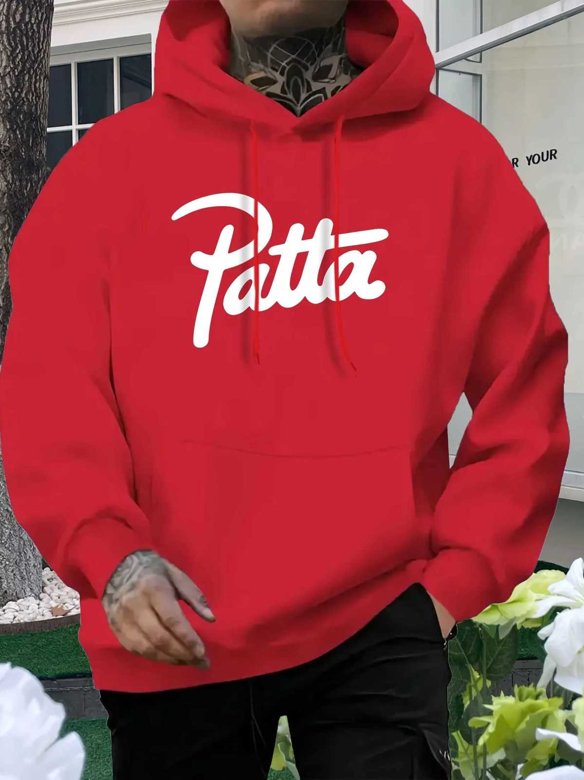 Mens Casual Hooded Sweatshirt with Front Patta Print - Regular Fit All-Season Comfort for Men 18-40 Years Sweatshirt X250802