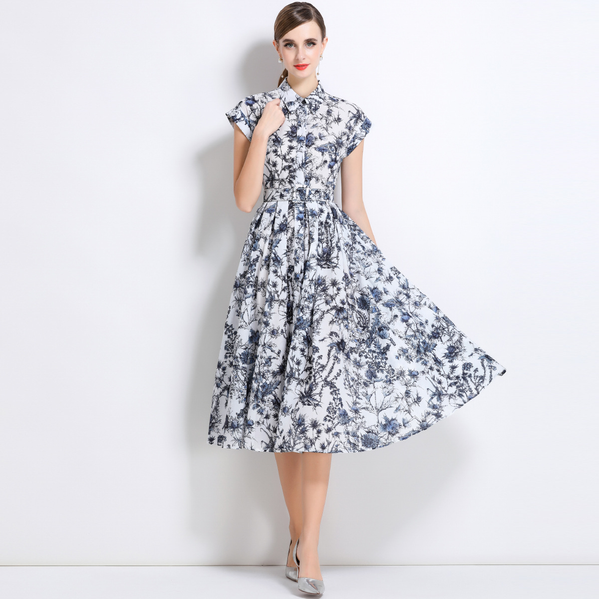 Korean chic single breasted shirt long skirt fashion celebrity temperament lapel waist halo print a line dress