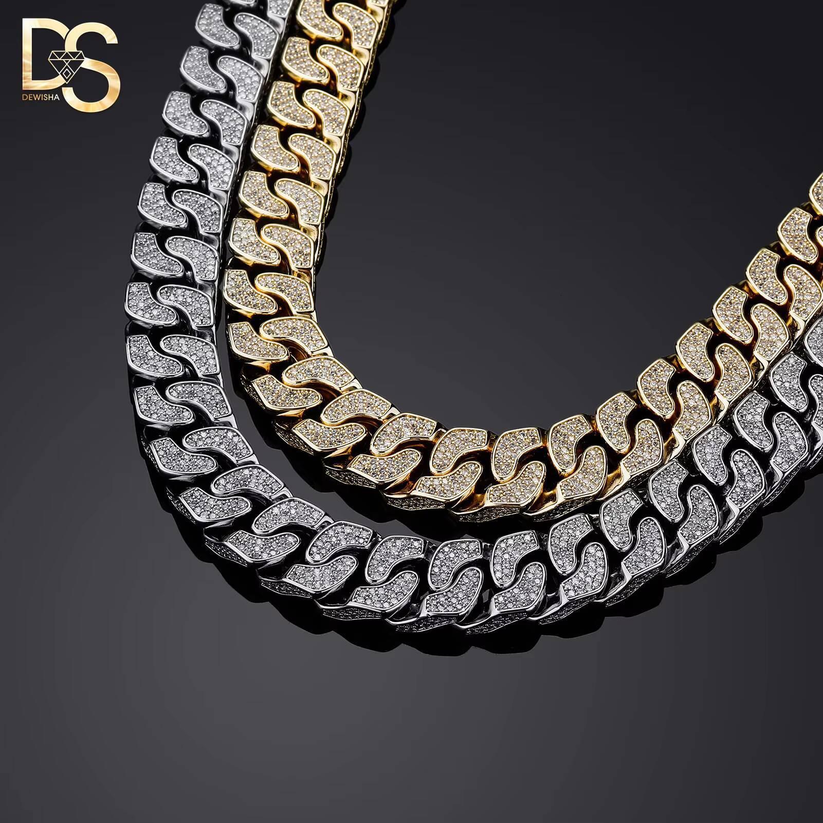 Wholesale14mm Width 14k Gold Plated Copper Zircon 3D Cuban Chain Hiphop Men Bracelet Necklace