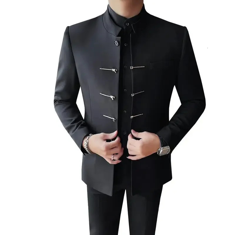 Chinese Style Stand Up Collar Suit Jacket for Men High Quality Mens Slim Fit Casual Social Wedding Dress Coat Mens Clothing