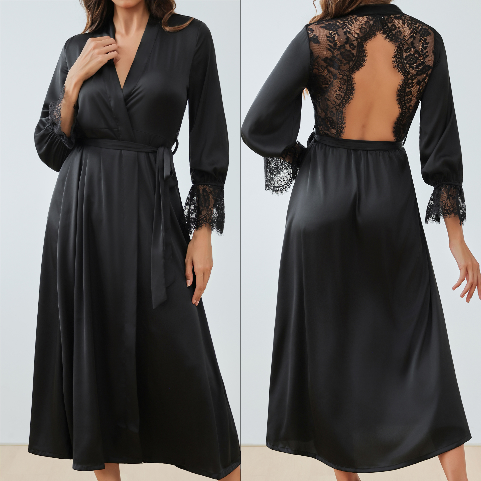 High Quality Light Luxury Ice Silk Pajamas Women's Pajama Spring and Autumn Style Long Sleeve Home Set Nightwear Sleepwear