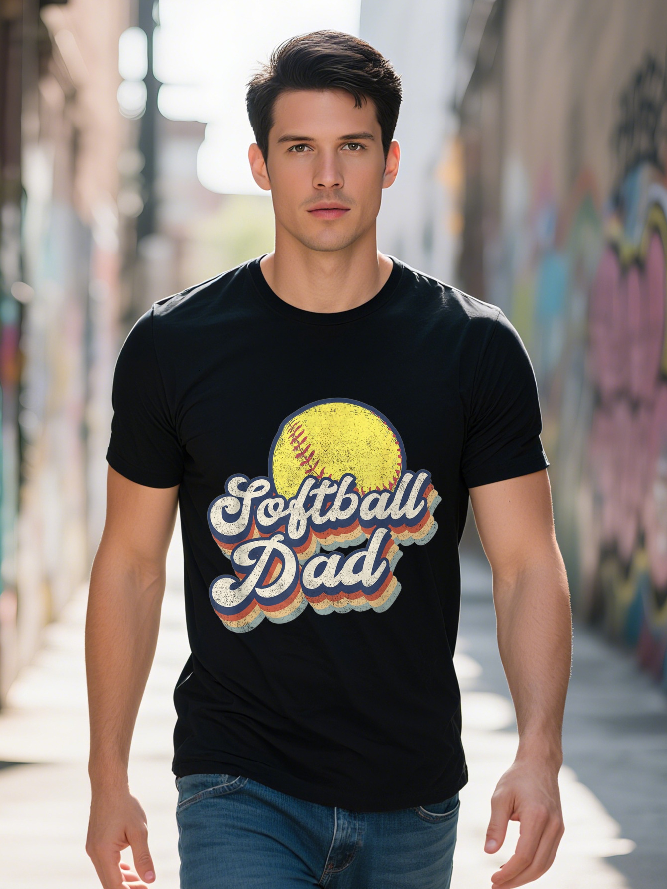 Softball Dad Graphic T Shirt Cotton Fun Design with Vintage Baseball Bat Illustration Crew Neck Tee Men