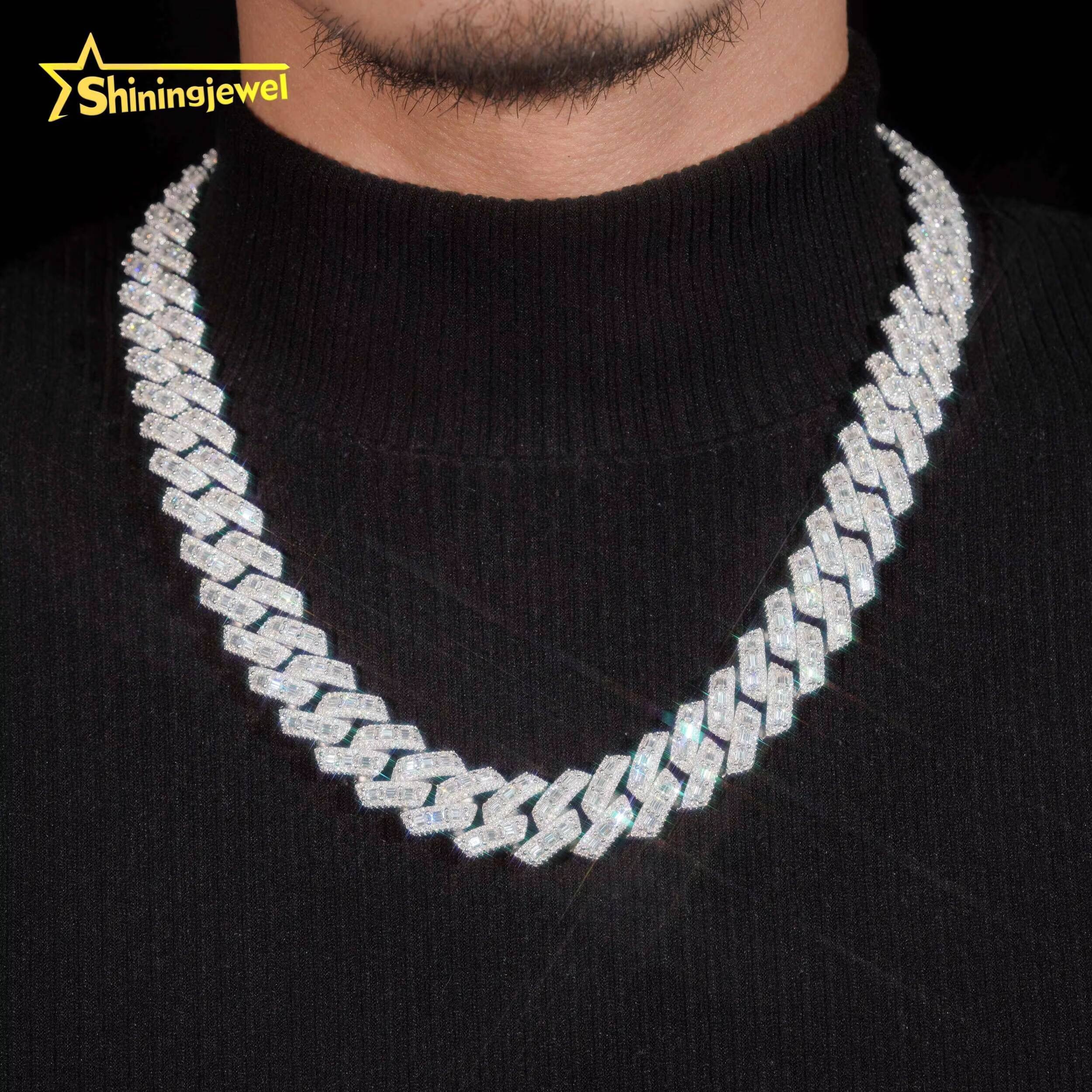 Luxury Hip Hop Fine Jewelry Heavy 18mm 925 Sterling Silver Moissanite Baguette Iced Out Cuban Link Chain Necklaces
