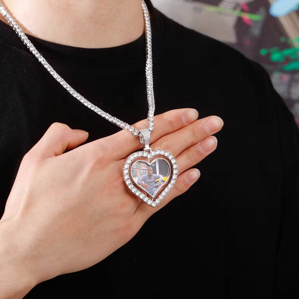 Fashion Hip Hop Memory Brass Zircon Rotatable Double Sided Heart Photo Pendant
