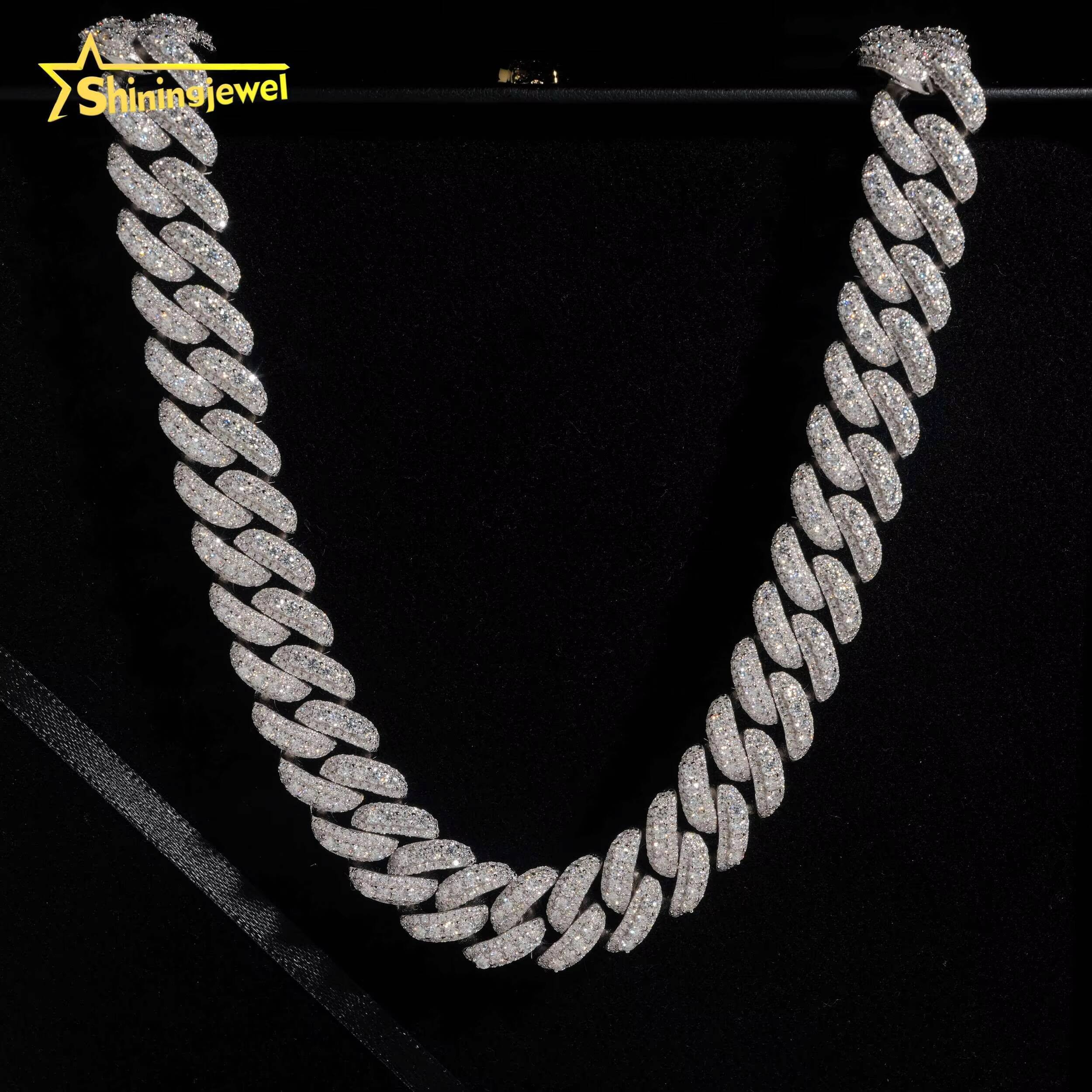 Rise Iced Out Moissanite 16mm Cuban Link Chain S925 Gold Plated Pass Diamond Test VVS Moissanite Diamond Hip Hop Chain