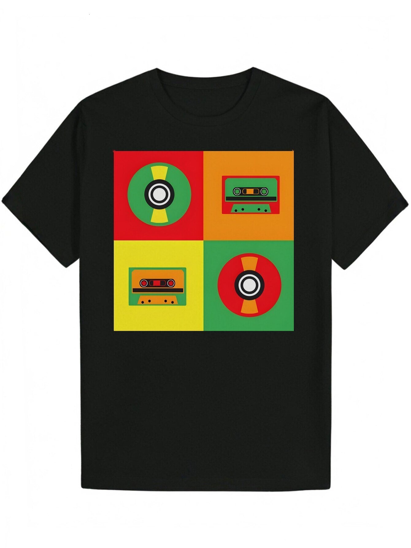 Men's Summer Pattern Printed Polyester Casual T-Shirt - Cassette Tape Design, Round Neck, Lightweight, Machine Washable