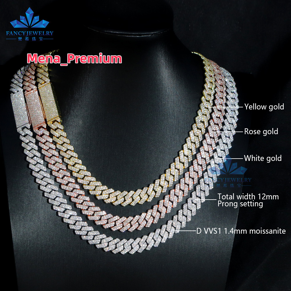 2025Hot Sale Cuban Link Necklace 8-15mm VVS Moissanite Diamond 925 Silver Gold Plated Rose Gold Iced Hip Hop Moissanite Necklaces