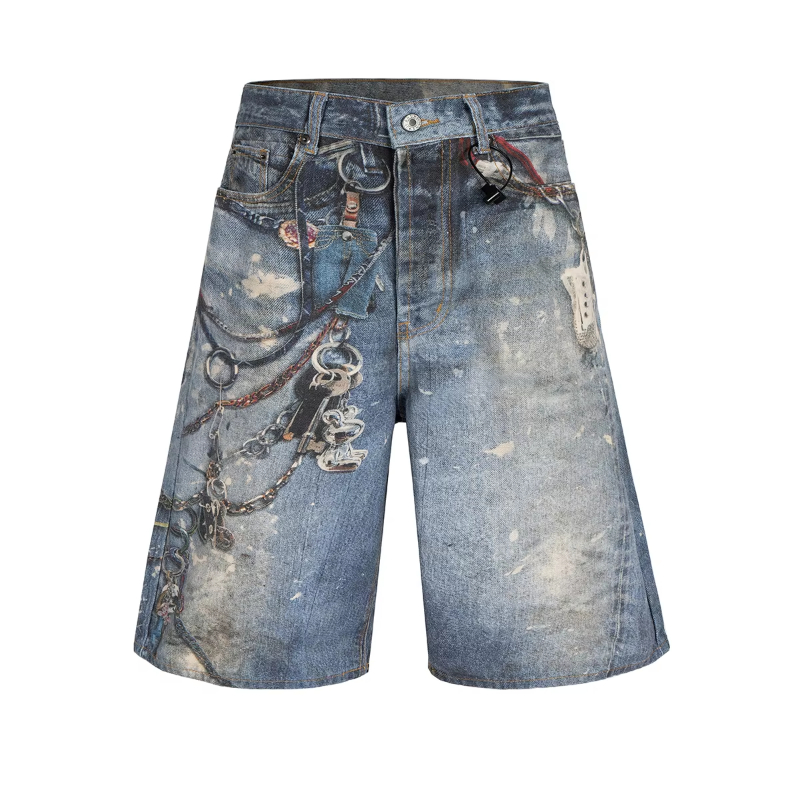 MIJKO 3D Print Patchwork Baggy Jeans Shorts for Men Streetwear New Summer Wide Leg Patchwork Casual Loose Knee Length Pants Oversized