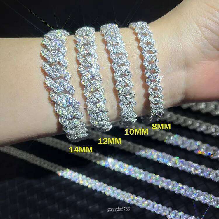 Hip-hop jewelry bracelets and necklacesVVS Mossanite 2rows 8mm 10mm 12mm 14mm S Sier Dia Necklace Man Moissanite Hiphop Cuban k Chain