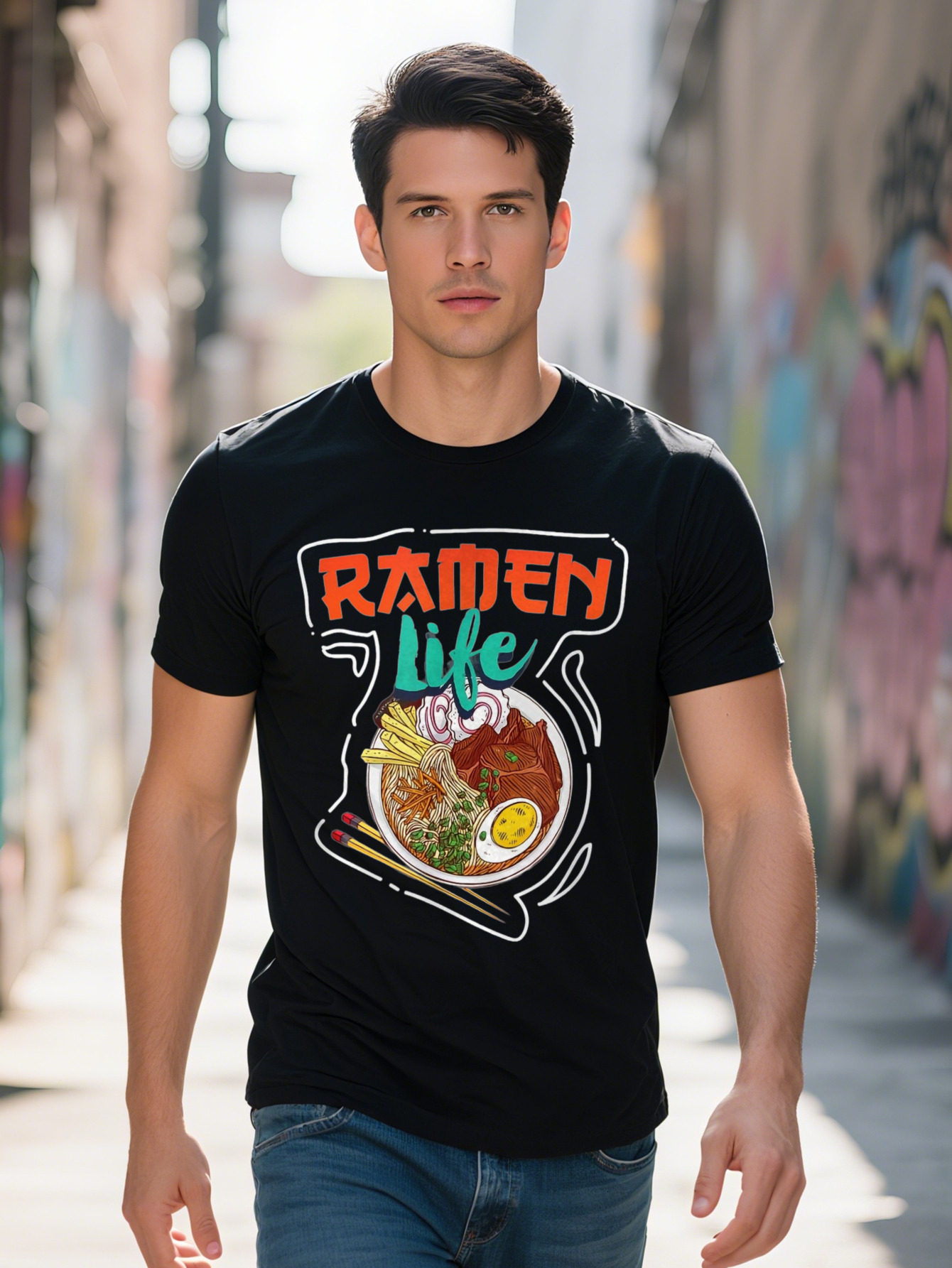 Men s Life Graphic T Shirt Cotton Short Sleeve Casual Anime Noodle Bowl Design Black with Colorful Ramen