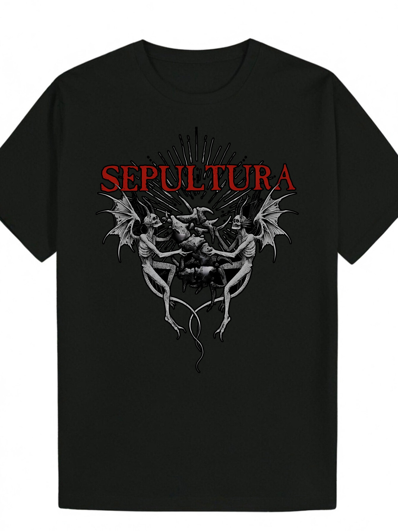 Men s Summer Pattern T Shirt Gothic Winged Skull Artwork and Red SEPULTRA Print Lightweight Polyester Crew Neck Machine Washable Suitable for
