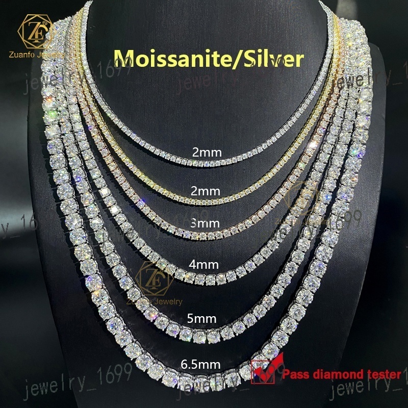 Hot Sale Hip Hop Iced Out Diamond Jewelry S925 Silver 2MM 3MM 4MM 5MM 6.5MM Vvs Moissanite 16-24inches Tennis Necklace Chain