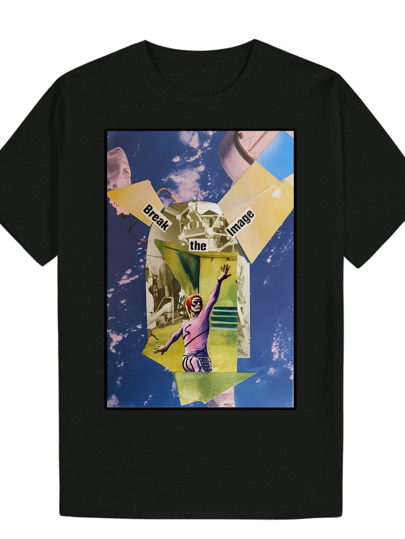 Men's Summer Pattern T-Shirt - Round Neck, Fiber, Short Sleeve, Astronaut Design, Black Background, Washable, Lightweight and Breathable, Suitabl