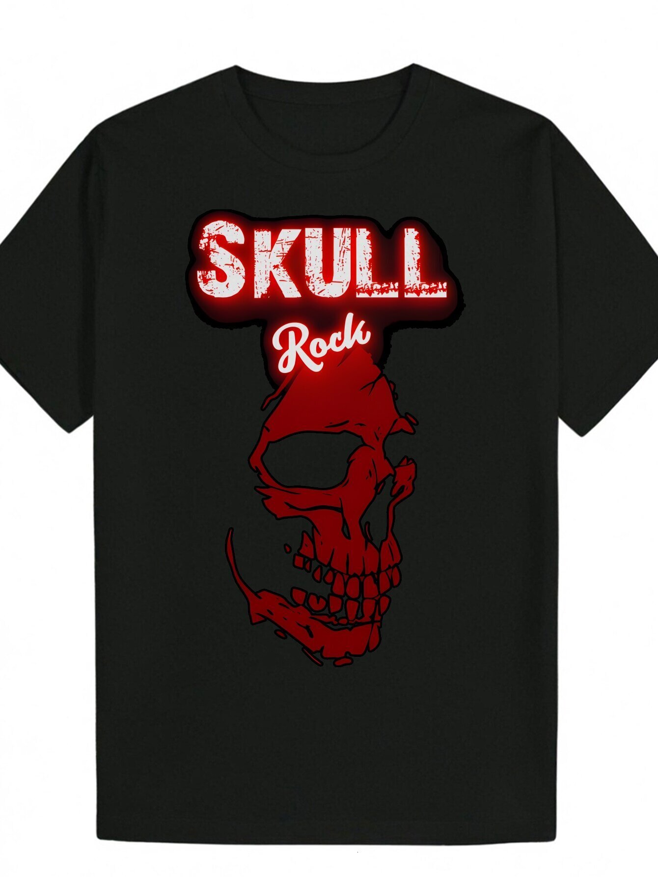 Men's Black Summer T-Shirt, Bold 'Skull Rock' Letter Print - Round Neck, Short Sleeve, Polyester Knit Fabric, Machine Washable, Everyda