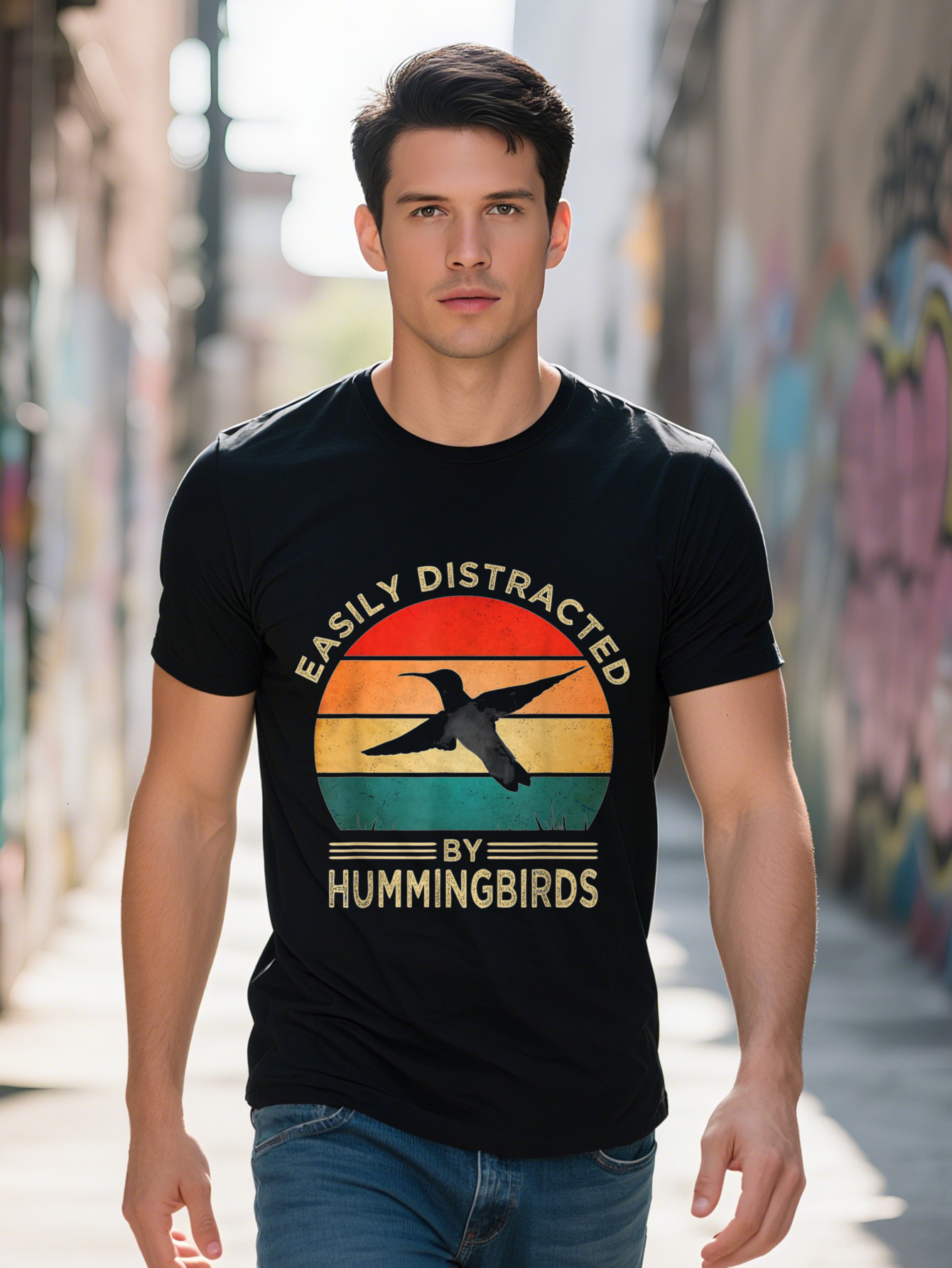 Men's Vintage Hummingbird Graphic T-Shirt Cotton Crew Neck Casual Tee Short Sleeve Regular Fit All Season