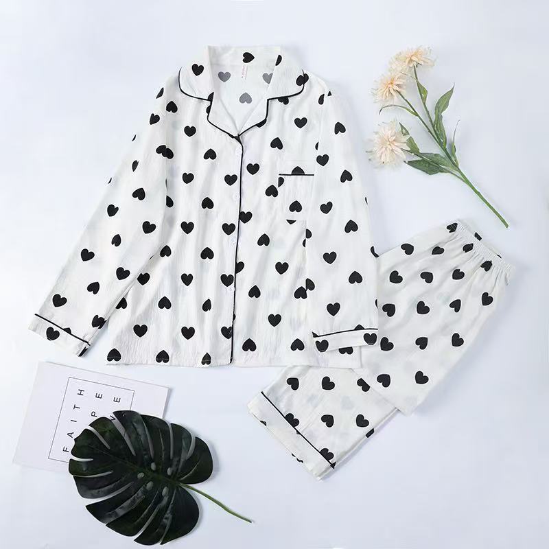 2025 Girls' New Autumn and Winter Pajama Set, Open-Front Long-Sleeved Top and Long Pants Two-Piece Set with Heart Print, Comfortable Home Wear Su