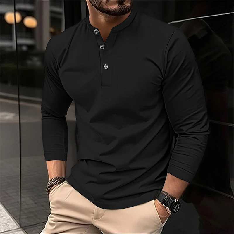 2025 Mens Summer Long Sleeve Henry Polo Casual Breathable Comfortable Polo Shirt Solid High Quality Male T-Shirt X250802