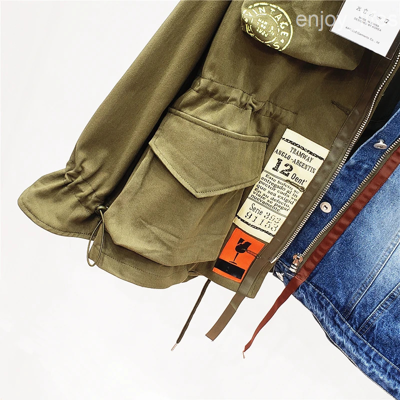 Spring Autumn High Quality Lapel Long Sleeve Loose Vintage Denim Patchwork Hit Color Women Jacket Casual Jeans Jacket