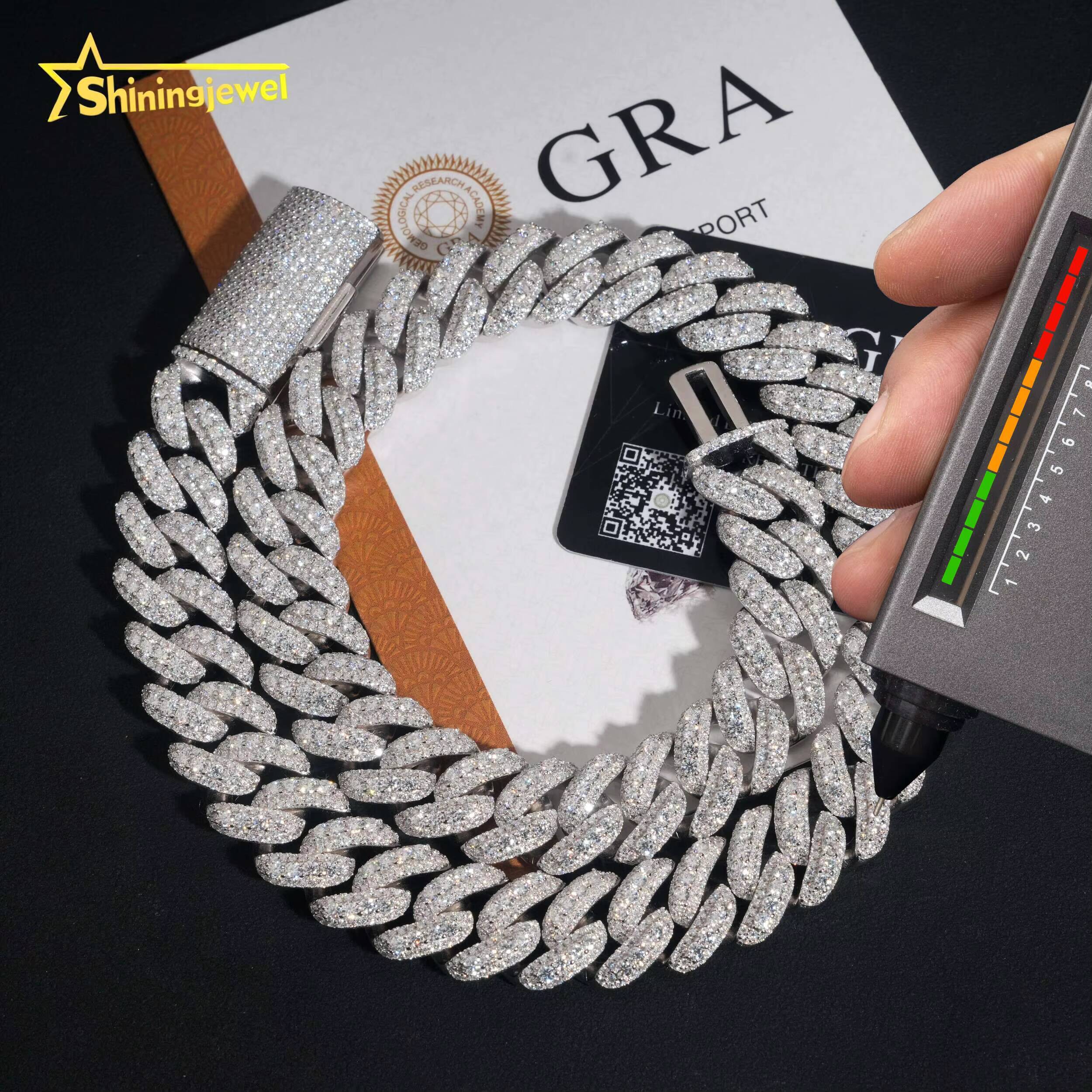 Rise Iced Out Moissanite 16mm Cuban Link Chain S925 Gold Plated Pass Diamond Test VVS Moissanite Diamond Hip Hop Chain