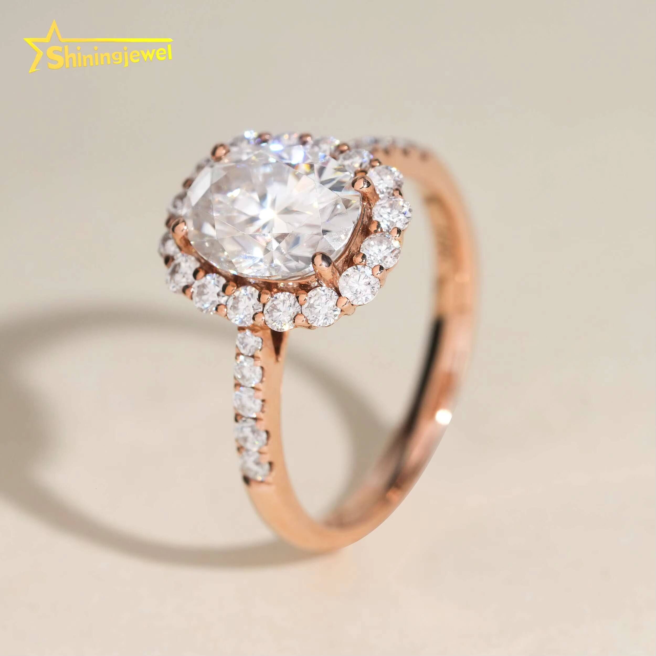 14K Solid Gold Women Ring Halo Rings Oval Cut Moissanite Engagement Rings for Women Pass Diamond Tester