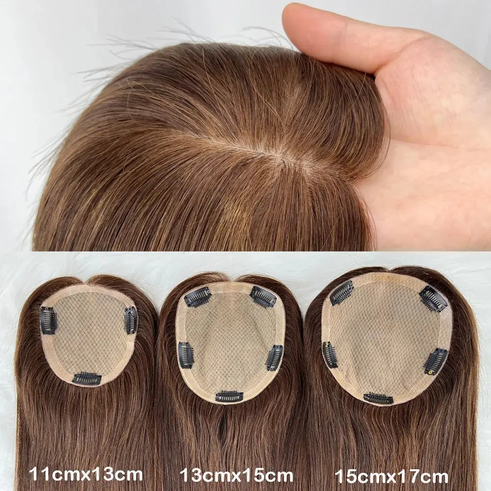 Hot Dark medium brown silk base human hair topper silky straight ombre balayage women real hairpiece 15x16cm