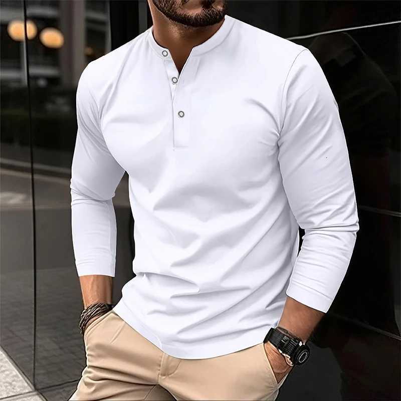 2025 Mens Summer Long Sleeve Henry Polo Casual Breathable Comfortable Polo Shirt Solid High Quality Male T-Shirt X250802