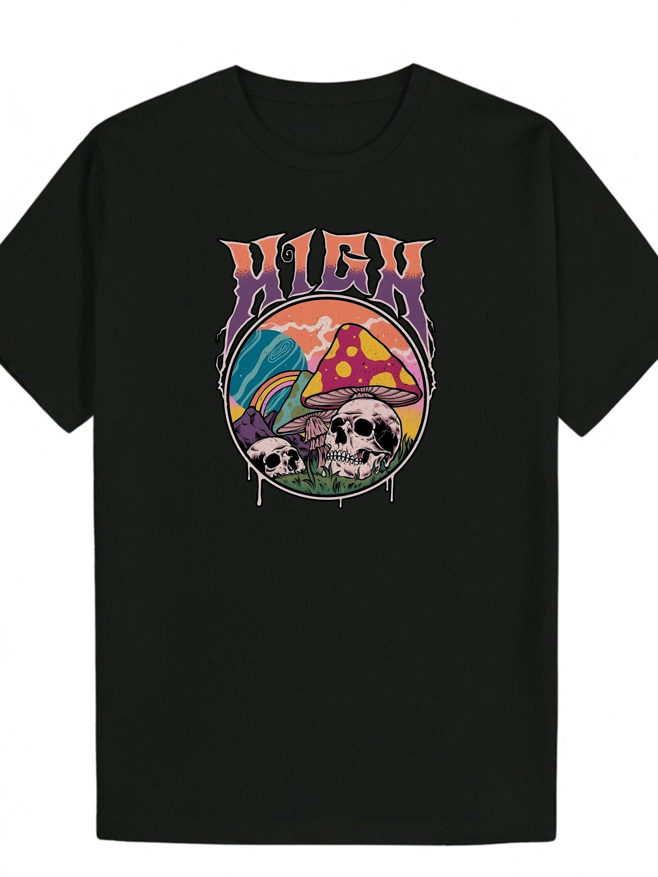 Men s Summer Pattern Black Short Sleeve Round Neck T Shirt with Bright Mushroom and Skull Patterns Eye catching High Lettering Breathable Polyester Fi