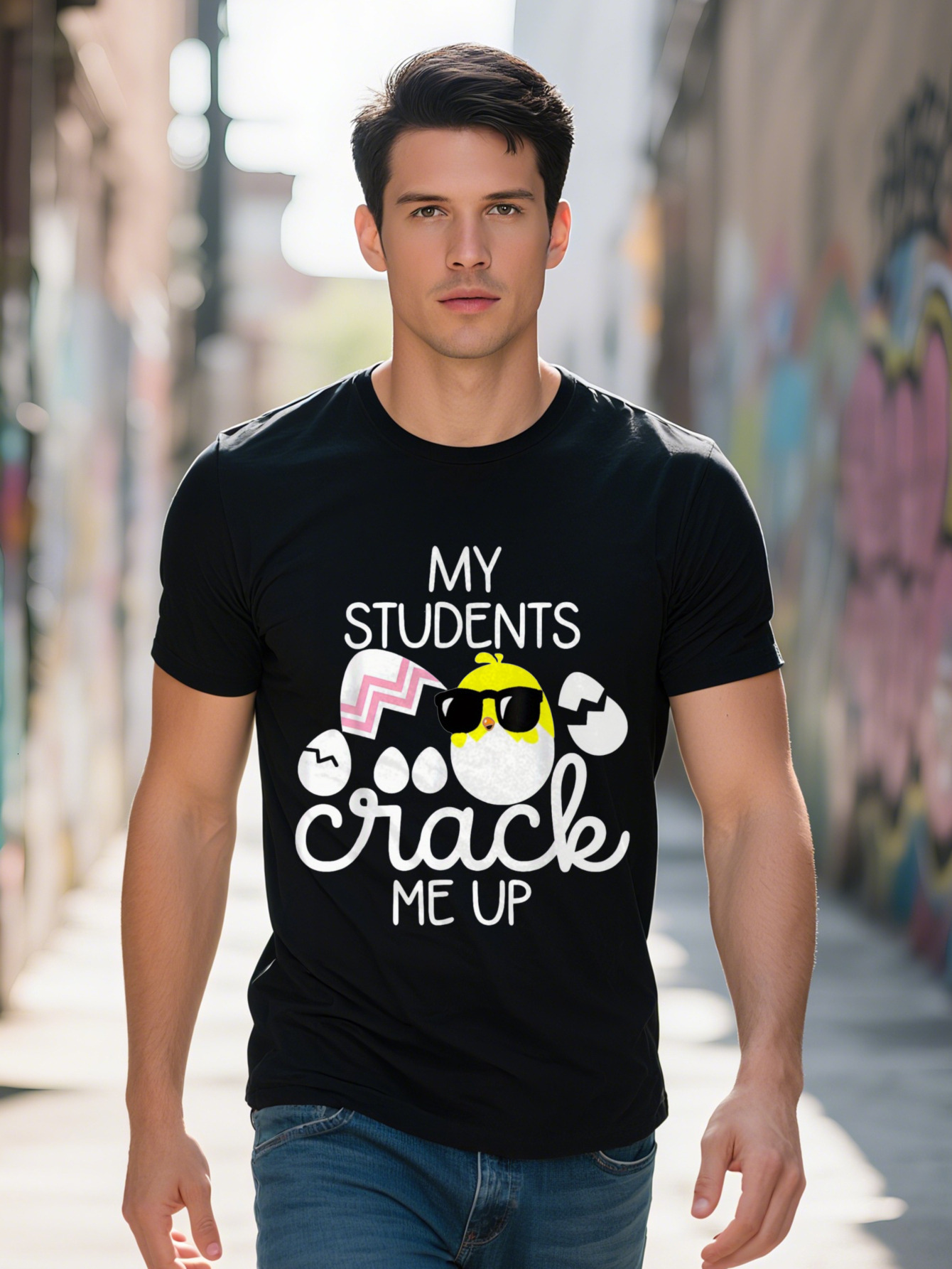 Men's Funny Easter Egg Chick T-Shirt Cotton Short Sleeve Round Neck Fit Black with My Students Crack Me Up
