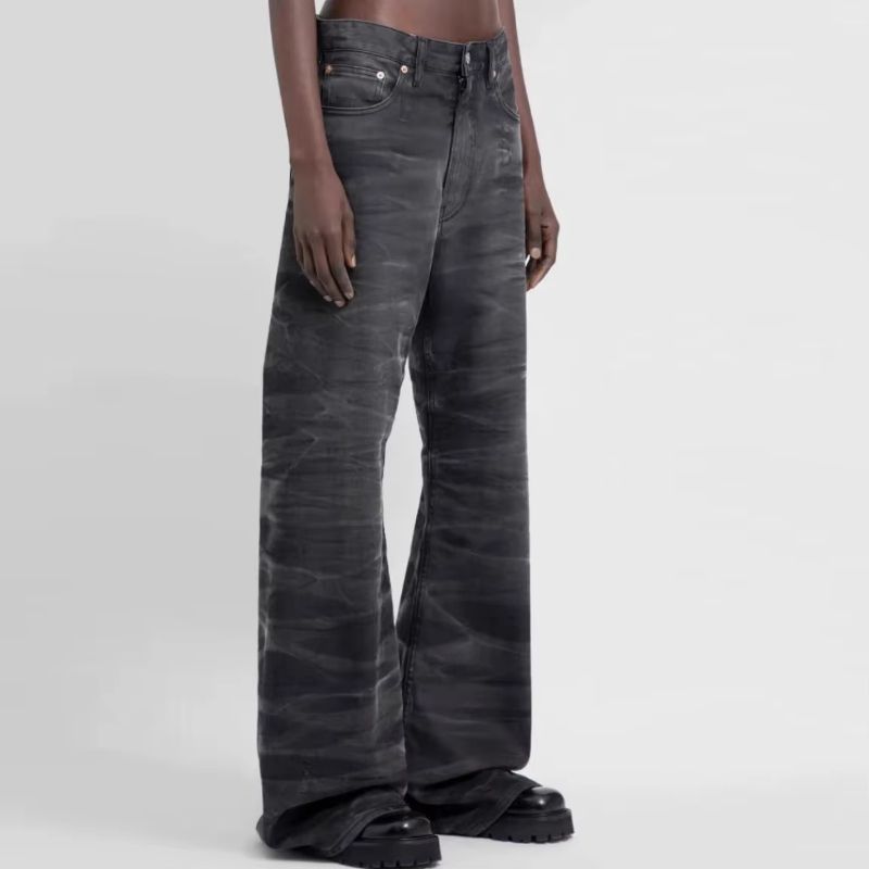 MIJKO Streetwear Washed Water Wave Patterned Micro Flared Jeans for Men Straight Pantalones Hombre Casual Baggy Denim Trousers