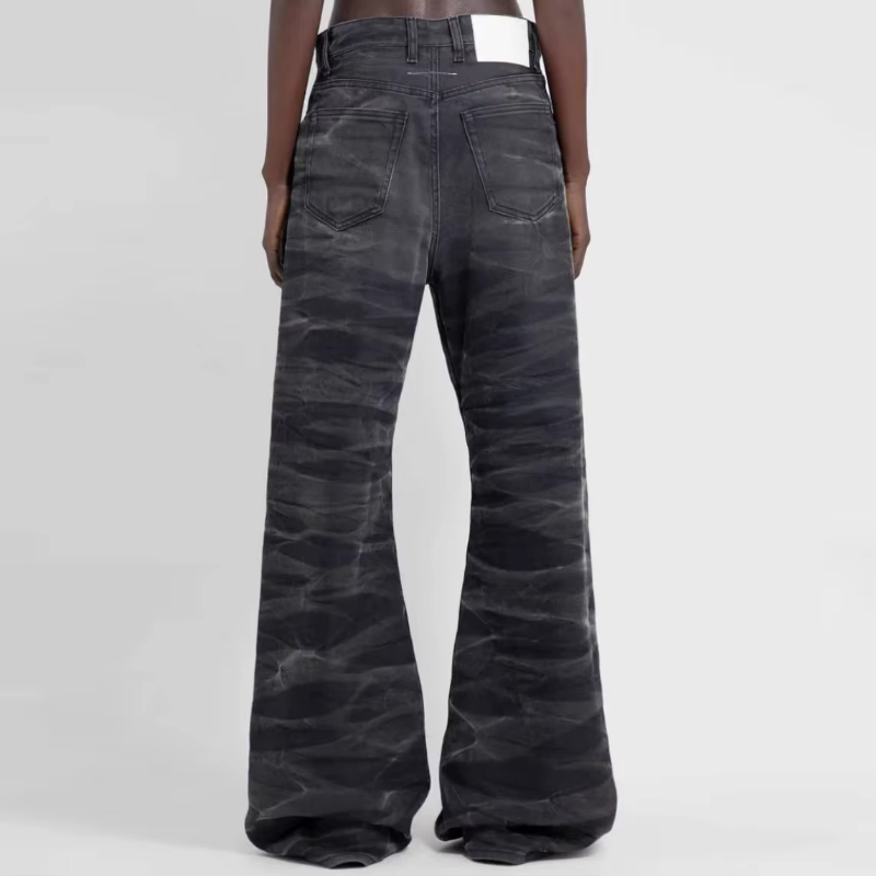 MIJKO Streetwear Washed Water Wave Patterned Micro Flared Jeans for Men Straight Pantalones Hombre Casual Baggy Denim Trousers